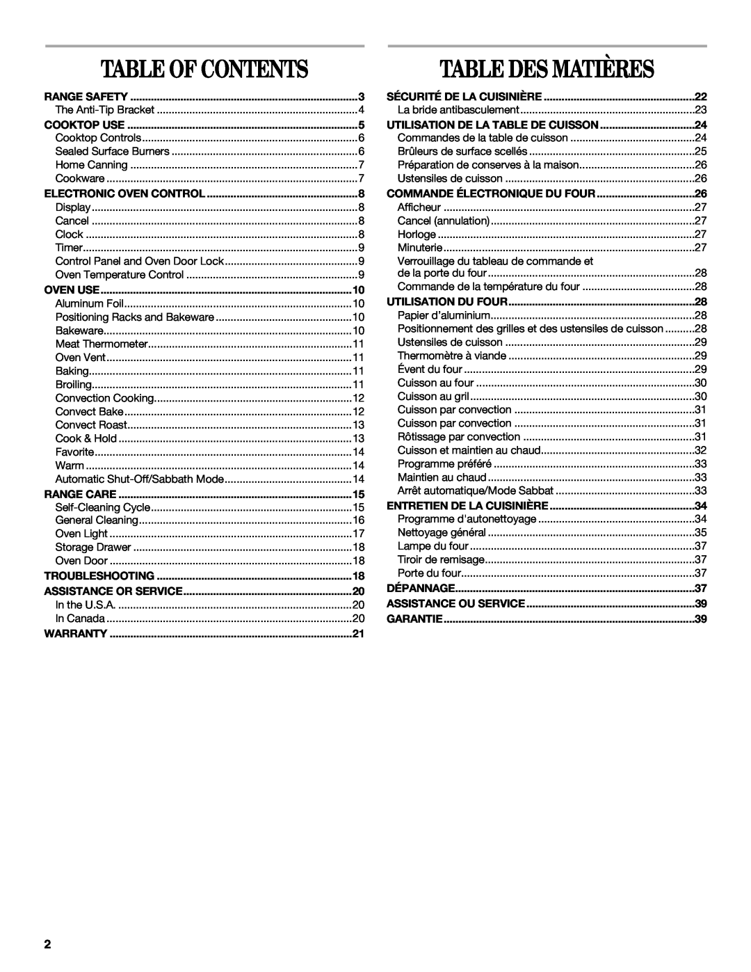 Whirlpool GW397LXU manual Table Des Matières, Table Of Contents 