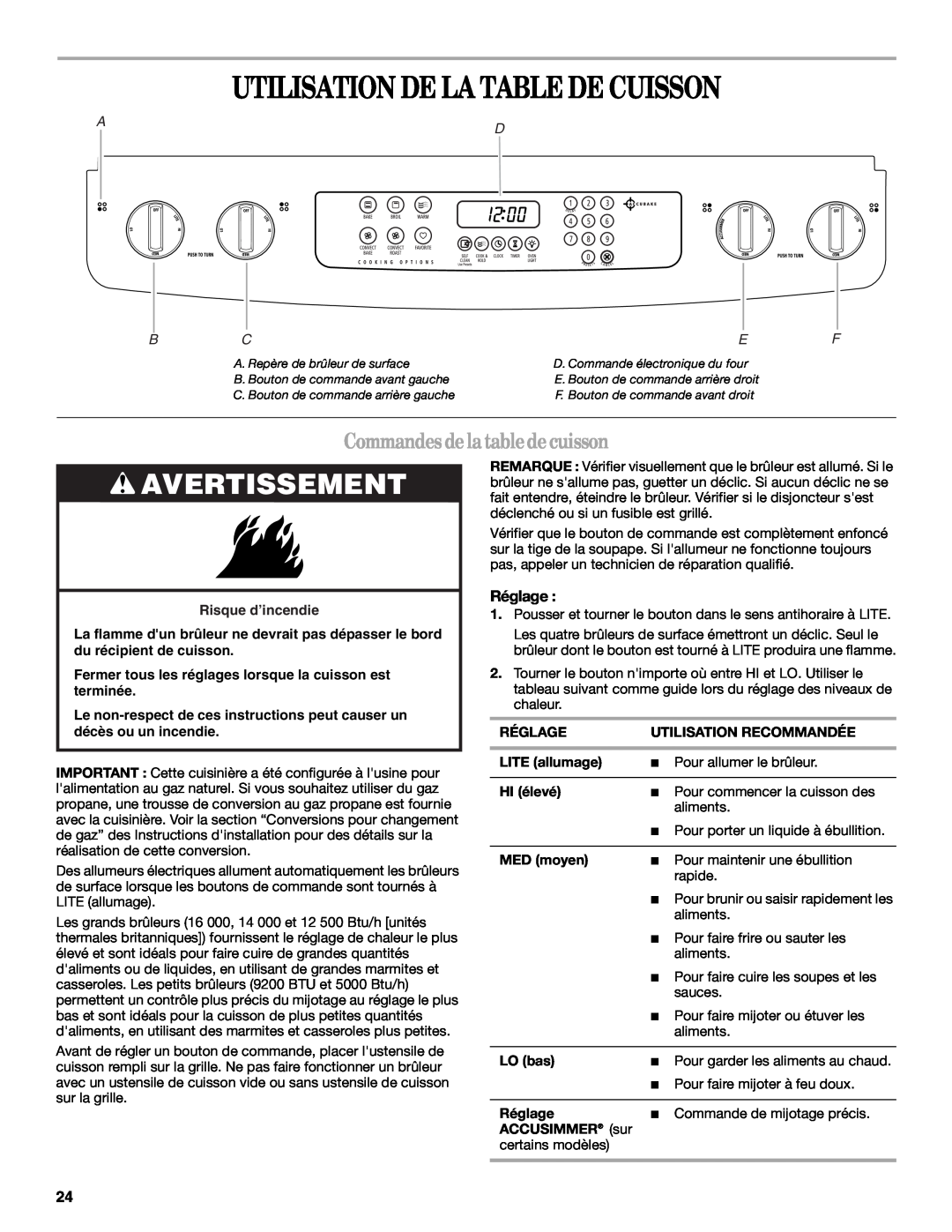 Whirlpool GW397LXU manual Utilisation De La Table De Cuisson, Commandesdelatabledecuisson, Avertissement, Réglage, Ad Bcef 