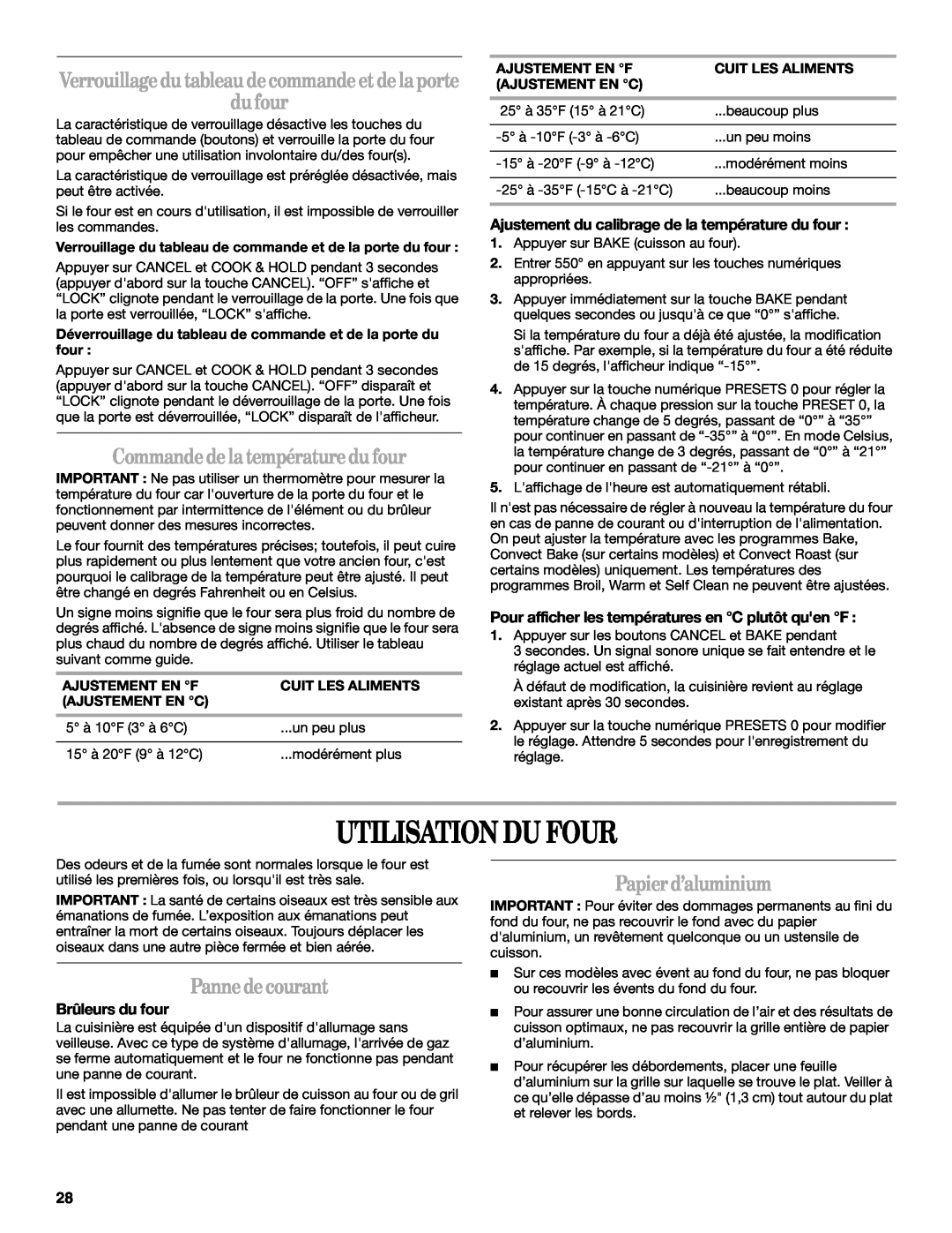 Whirlpool GW397LXU manual Utilisation Du Four, Commandedelatempératuredufour, Papierd’aluminium, Pannedecourant 