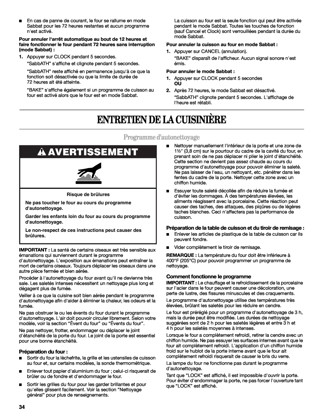 Whirlpool GW397LXU manual Entretien De La Cuisinière, Programmedautonettoyage, Avertissement, Préparation du four 