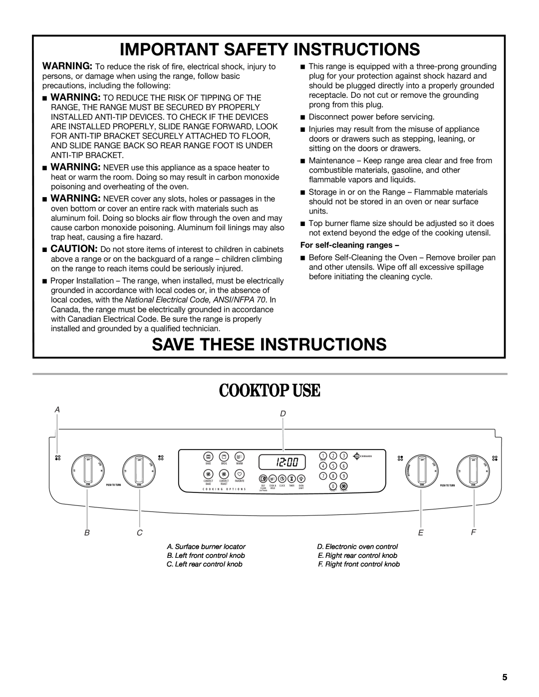 Whirlpool GW397LXU manual Cooktop Use, Important Safety Instructions, Save These Instructions 