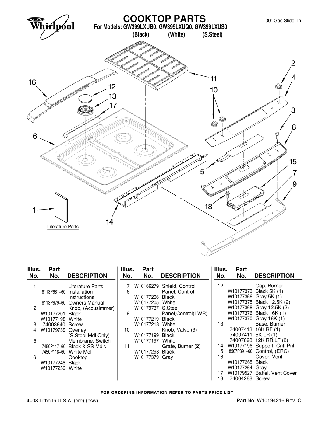 Whirlpool GW399LXU installation instructions Cooktop Parts, Black White S.Steel 