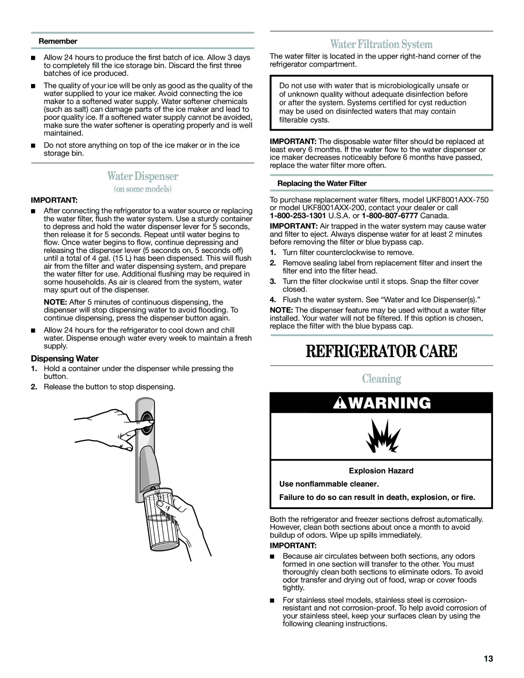 Whirlpool EB9SHKXVQ, GX5FHTXVB Refrigerator Care, Water Dispenser, Water Filtration System, Cleaning, Dispensing Water 