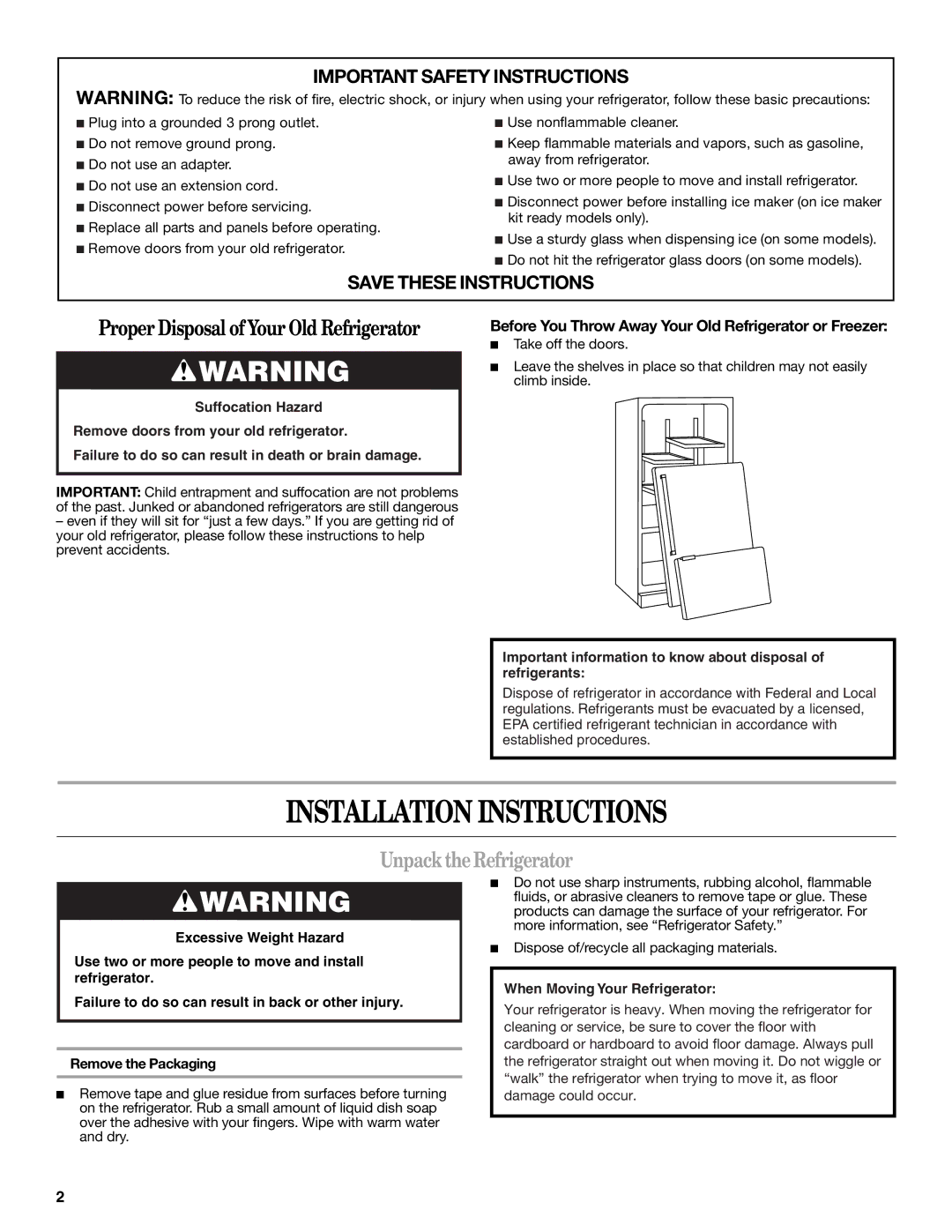 Whirlpool GX5FHTXVY, GX5FHTXVB, GX5FHDXVY, GX5FHTXVQ, GX5FHDXVB, GX2FHDXVY Installation Instructions, Unpack the Refrigerator 