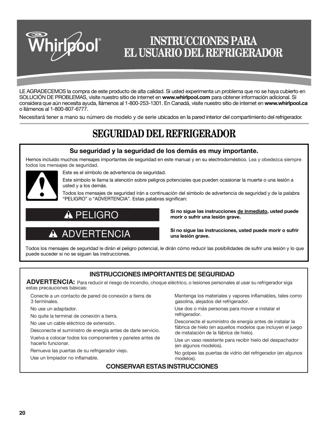 Whirlpool GX5FHDXVQ, GX5FHTXVB, GX5FHDXVY Instrucciones Para EL Usuario DEL Refrigerador, Seguridad DEL Refrigerador 