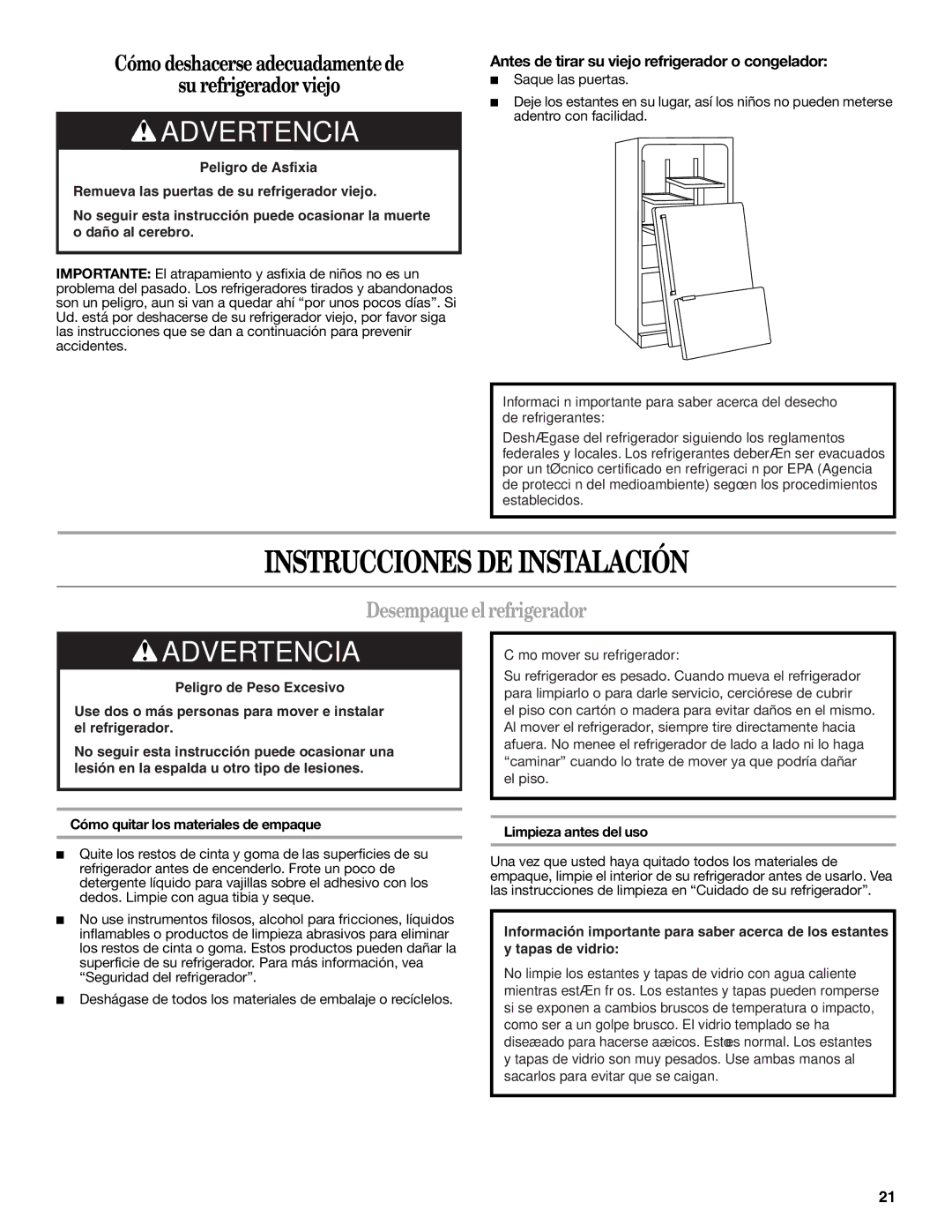 Whirlpool GX2FHDXVB Instrucciones DE Instalación, Desempaque el refrigerador, Cómo quitar los materiales de empaque 