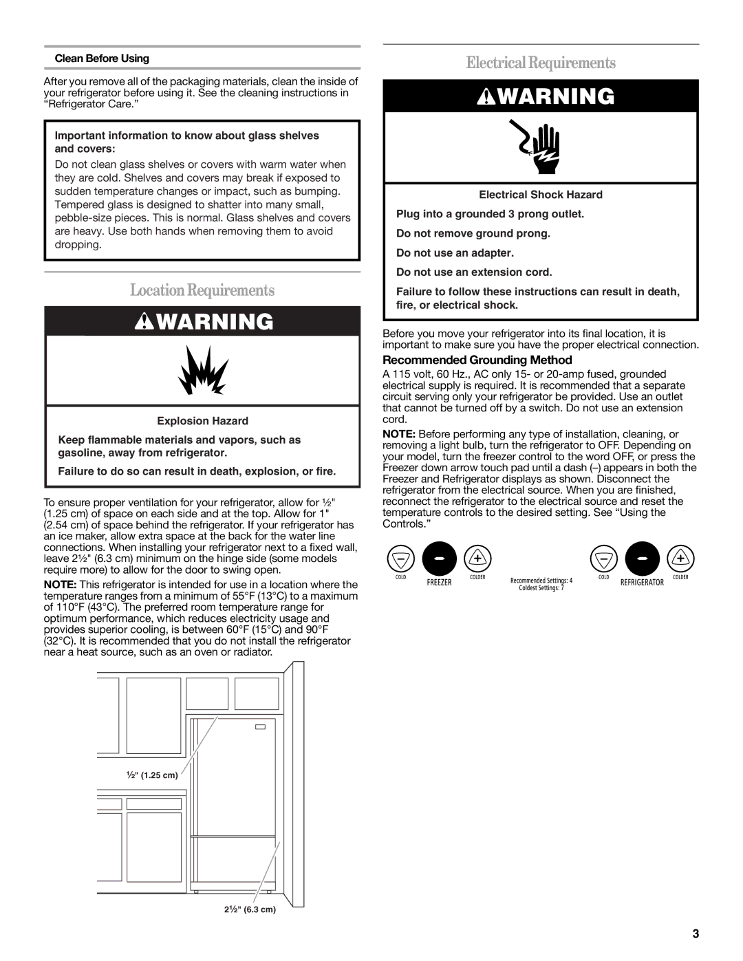 Whirlpool GX5FHTXVQ LocationRequirements, Electrical Requirements, Recommended Grounding Method, Clean Before Using 