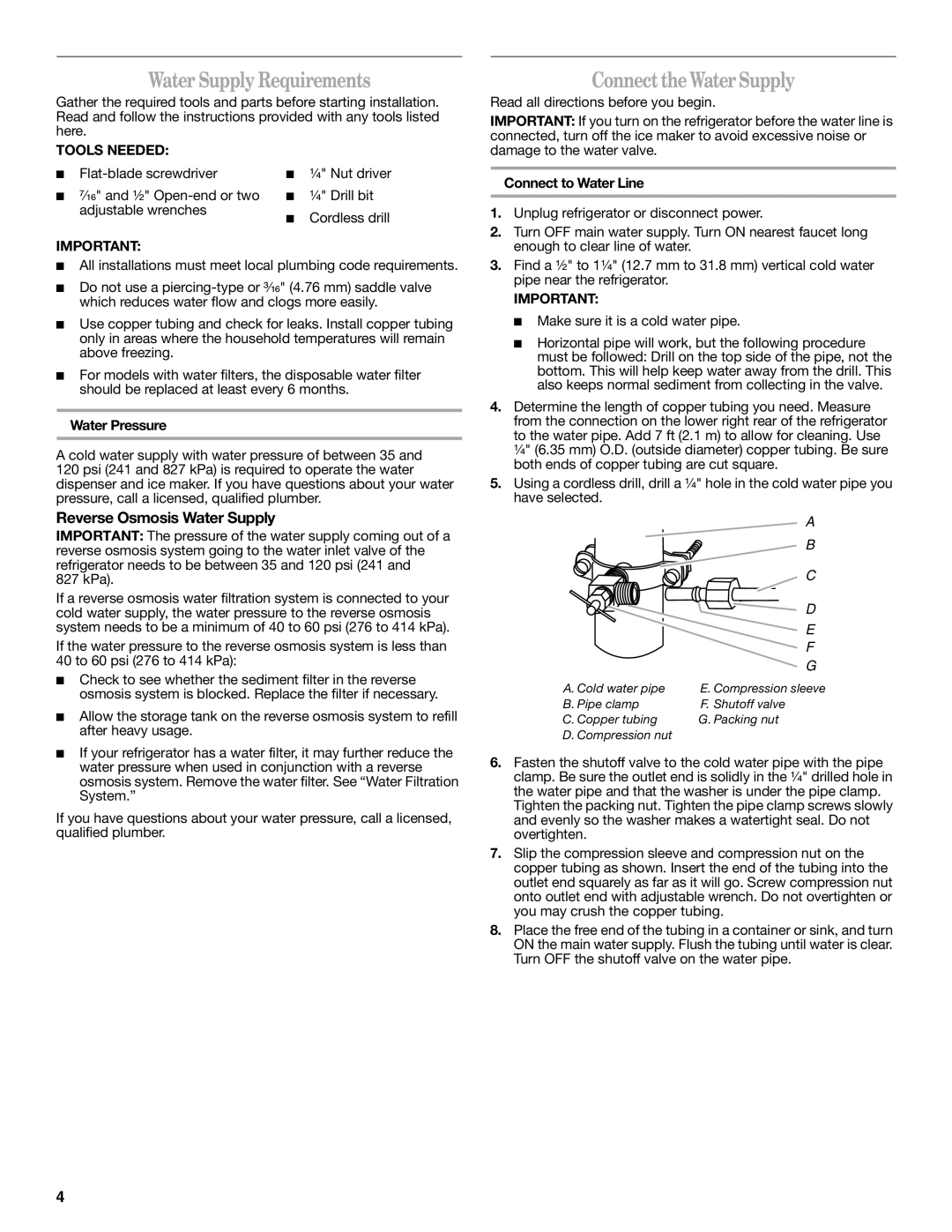 Whirlpool GX5FHDXVB Water Supply Requirements, Connect the Water Supply, Reverse Osmosis Water Supply, Tools Needed 