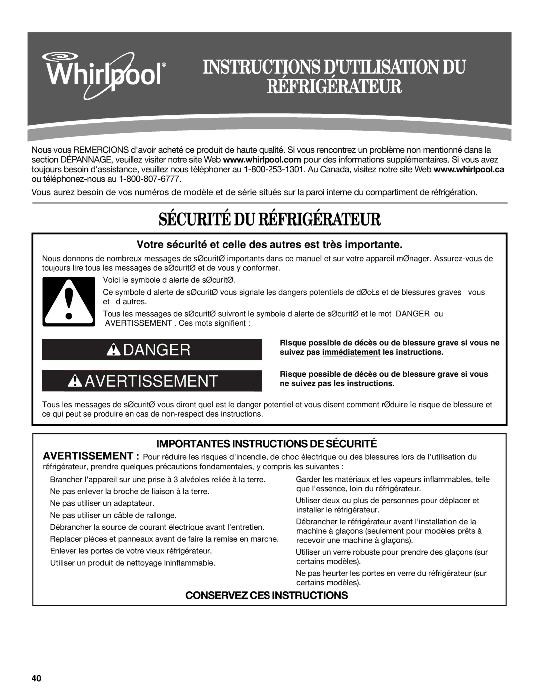 Whirlpool W10366205A, GX5FHTXVB, GX5FHDXVY, GX5FHTXVY Instructions Dutilisation DU Réfrigérateur, Sécurité DU Réfrigérateur 