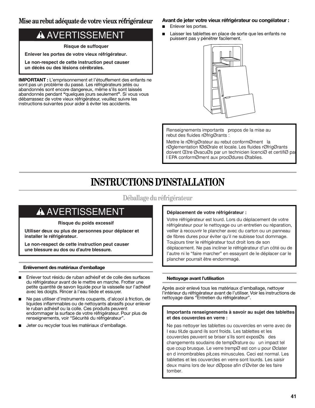 Whirlpool EB9SHKXVQ, GX5FHTXVB Instructions D’INSTALLATION, Déballage duréfrigérateur, Nettoyage avant l’utilisation 