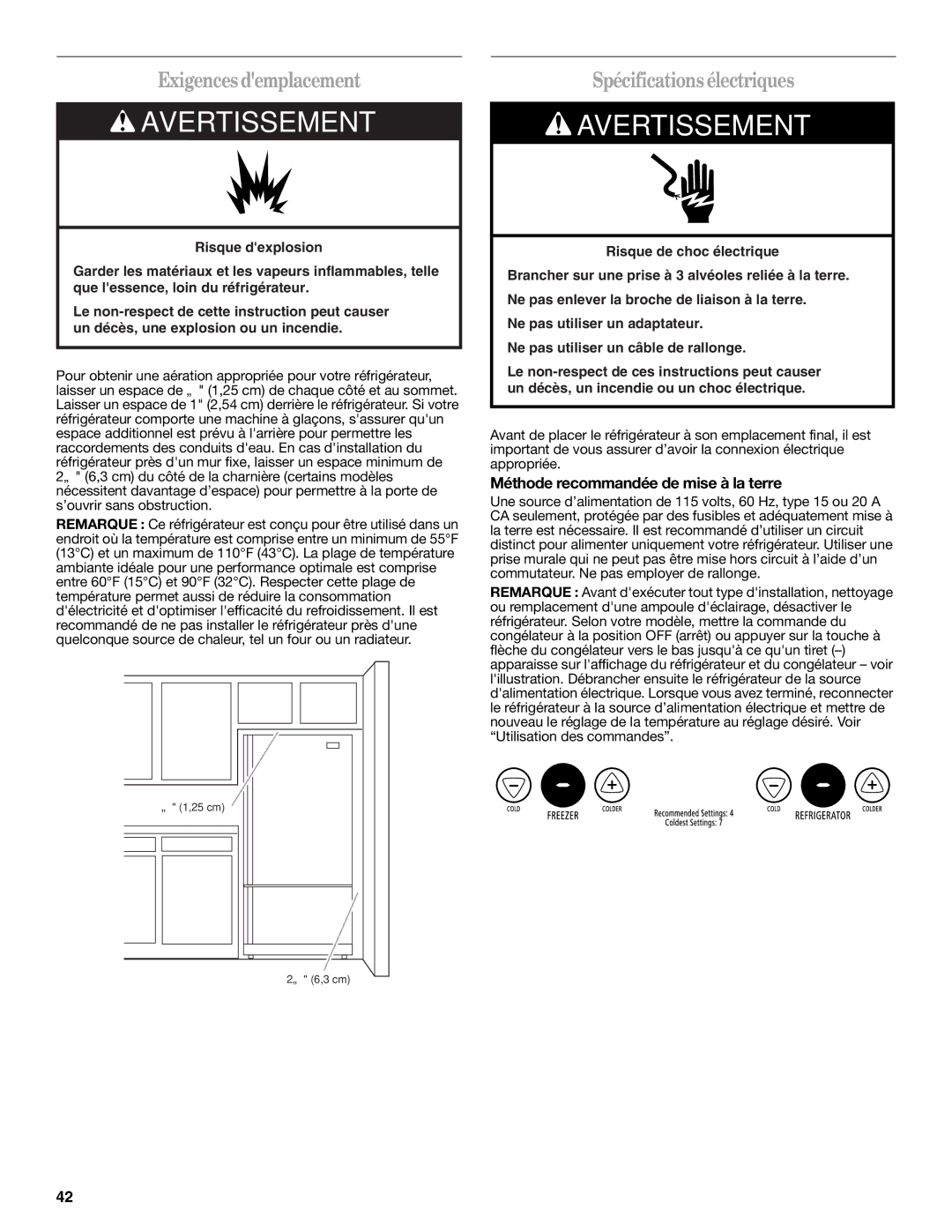 Whirlpool GX5FHTXVB, GX5FHDXVY Exigences demplacement, Spécifications électriques, Méthode recommandée de mise à la terre 