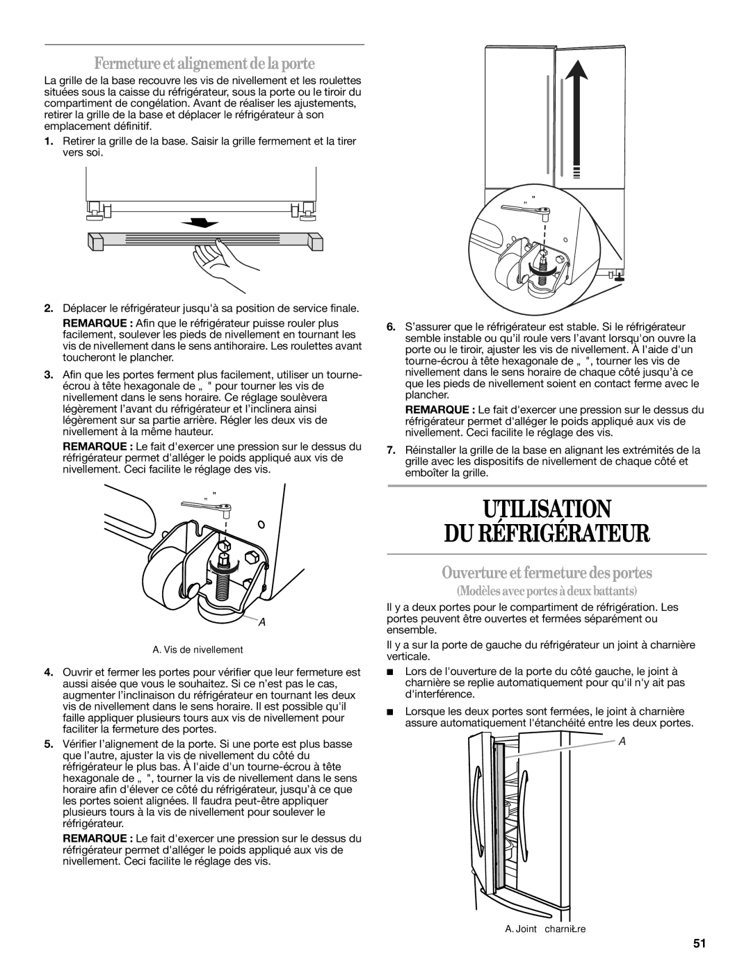 Whirlpool GB9FHDXWS Utilisation DU Réfrigérateur, Fermeture et alignement de la porte, Ouverture et fermeture des portes 