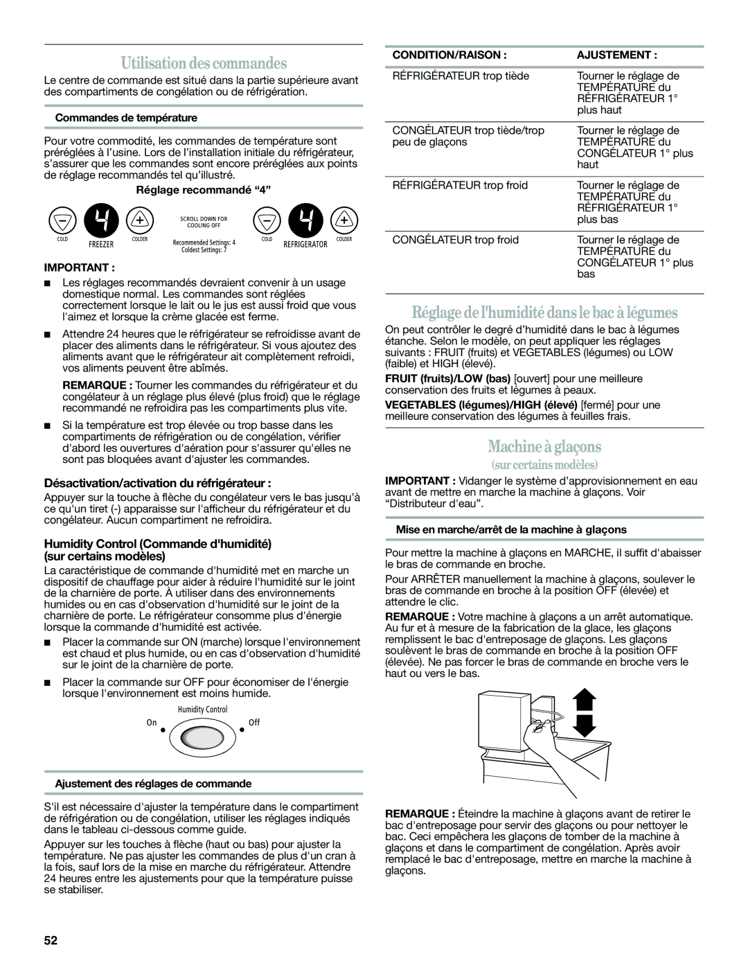 Whirlpool GB9FHDXWQ, GX5FHTXVB Utilisation des commandes, Réglage delhumidité dans le bac à légumes, Machine à glaçons 