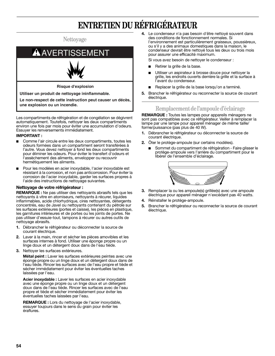 Whirlpool W10366205A, GX5FHTXVB, GX5FHDXVY Entretien DU Réfrigérateur, Nettoyage, Remplacement del’ampoule d’éclairage 