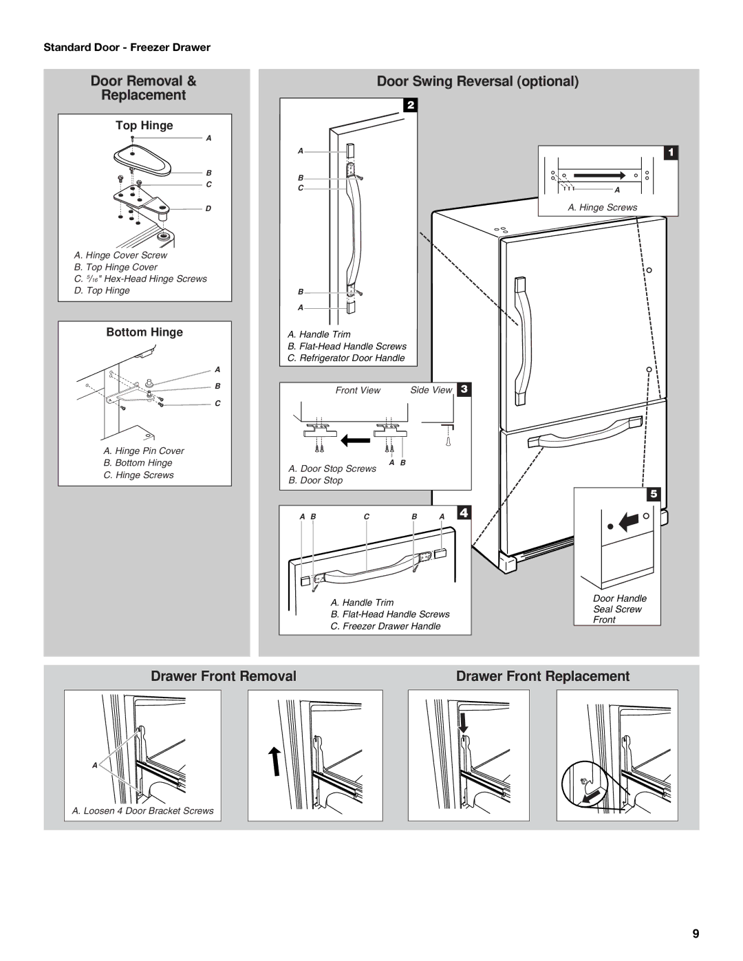 Whirlpool GB9FHDXWS, GX5FHTXVB, GX5FHDXVY, GX5FHTXVY Standard Door Freezer Drawer, Front View Side View Door Stop Screws 