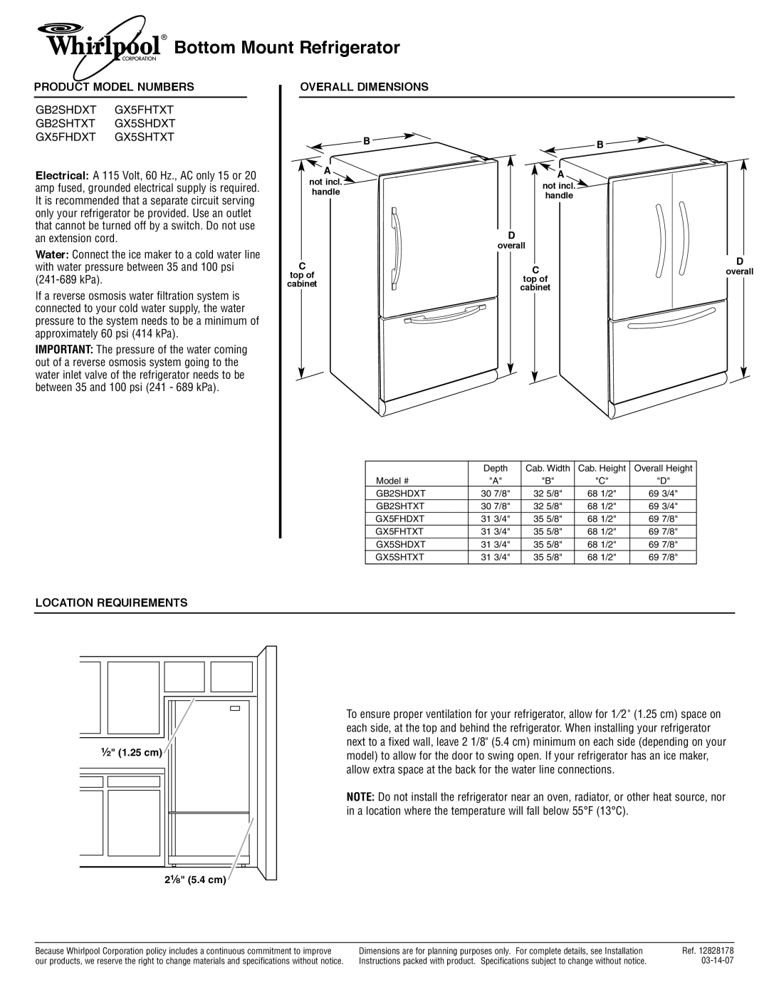 Whirlpool GX5FHDXT dimensions Bottom Mount Refrigerator, Product Model Numbers, Overall Dimensions, Location Requirements 