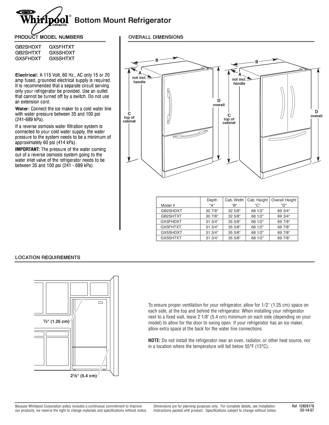 Whirlpool GX5FHDXT dimensions Bottom Mount Refrigerator, Product Model Numbers, Overall Dimensions, Location Requirements 