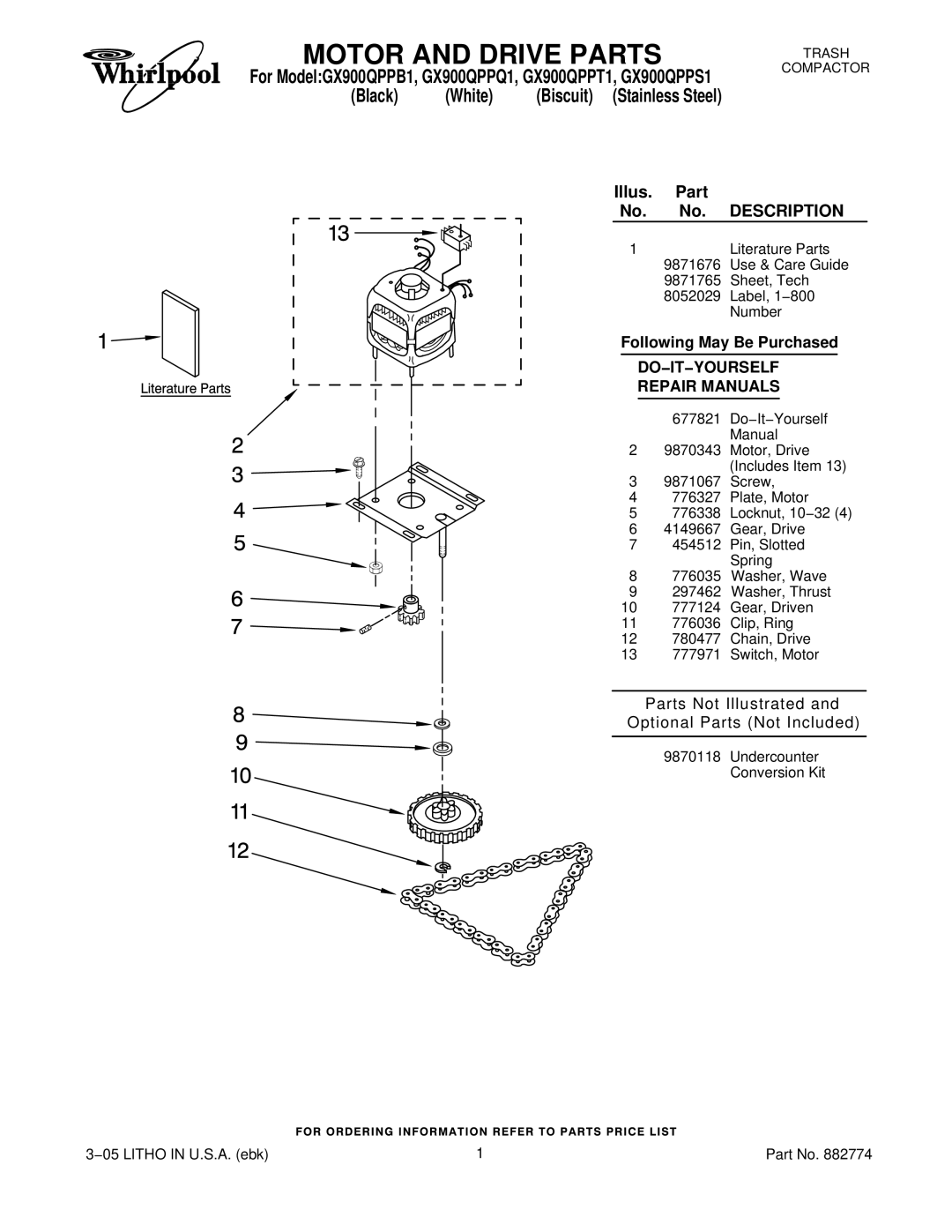 Whirlpool GX900QPPS1, GX900QPPQ1, GX900QPPB1, GX900QPPT1 manual Motor and Drive Parts, Illus Part 