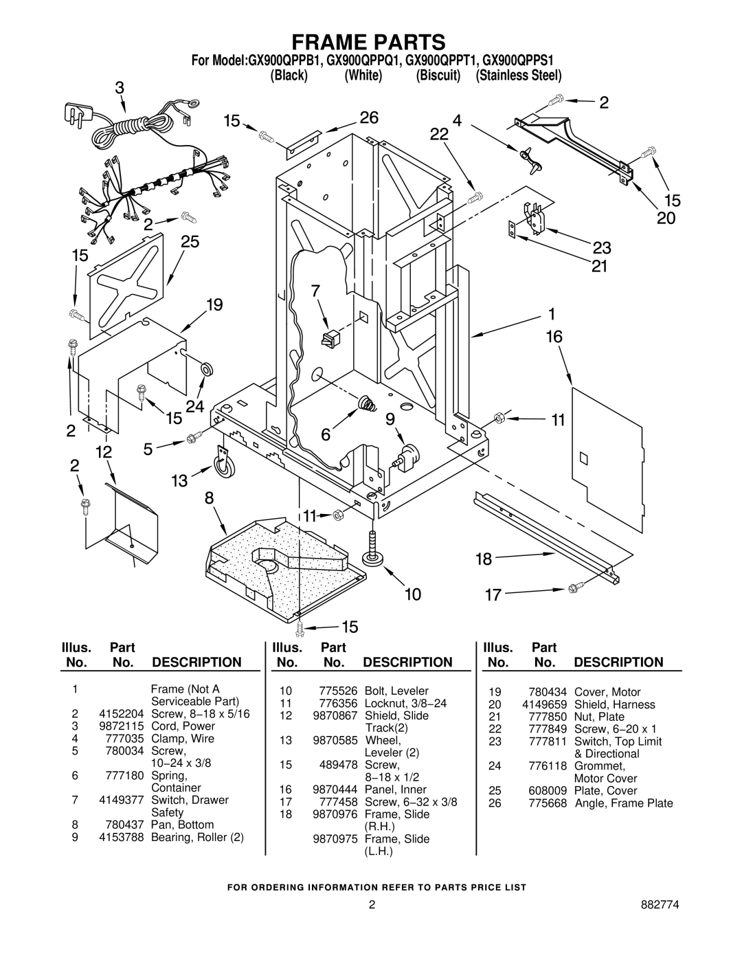 Whirlpool GX900QPPB1, GX900QPPQ1, GX900QPPS1, GX900QPPT1 manual Frame Parts, Illus. Part No. No. Description 