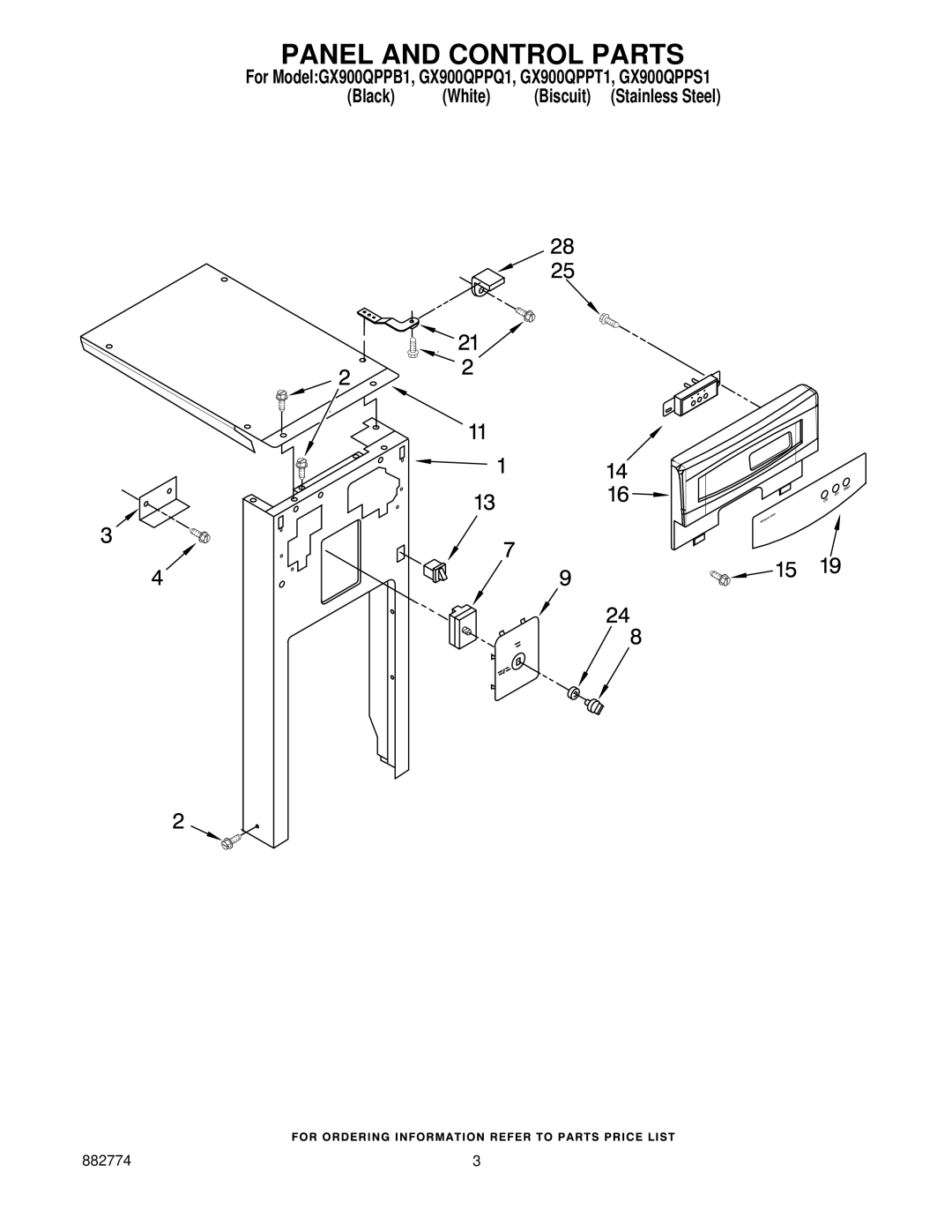 Whirlpool GX900QPPT1, GX900QPPQ1, GX900QPPS1, GX900QPPB1 manual Panel and Control Parts 