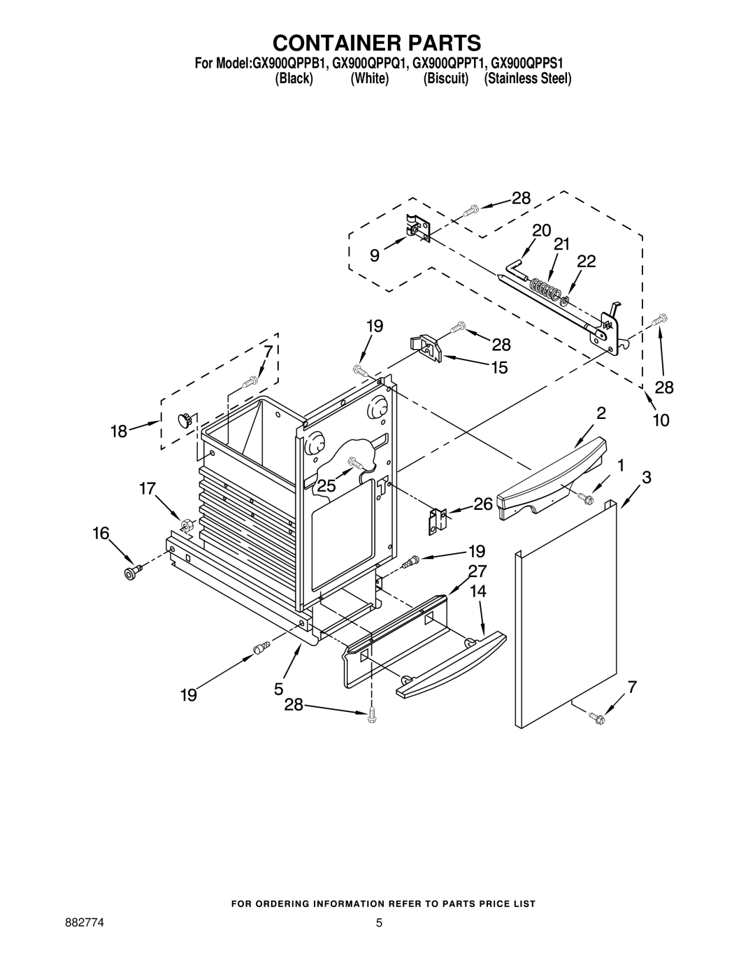 Whirlpool GX900QPPS1, GX900QPPQ1, GX900QPPB1, GX900QPPT1 manual Container Parts 