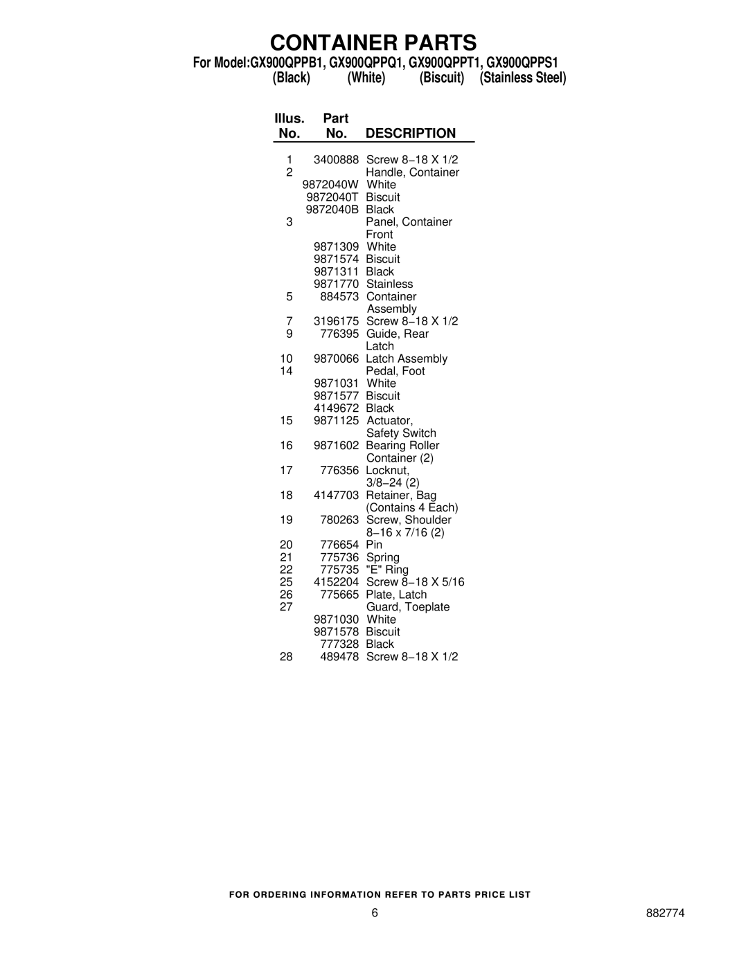 Whirlpool GX900QPPB1, GX900QPPQ1, GX900QPPS1, GX900QPPT1 manual Container Parts 