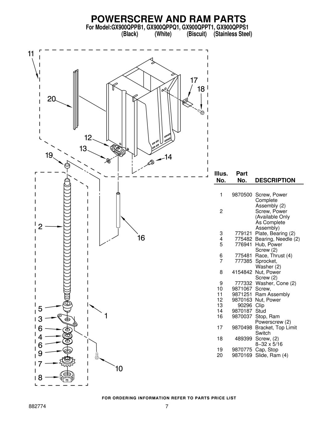 Whirlpool GX900QPPT1, GX900QPPQ1, GX900QPPS1, GX900QPPB1 manual Powerscrew and RAM Parts, Illus Part 