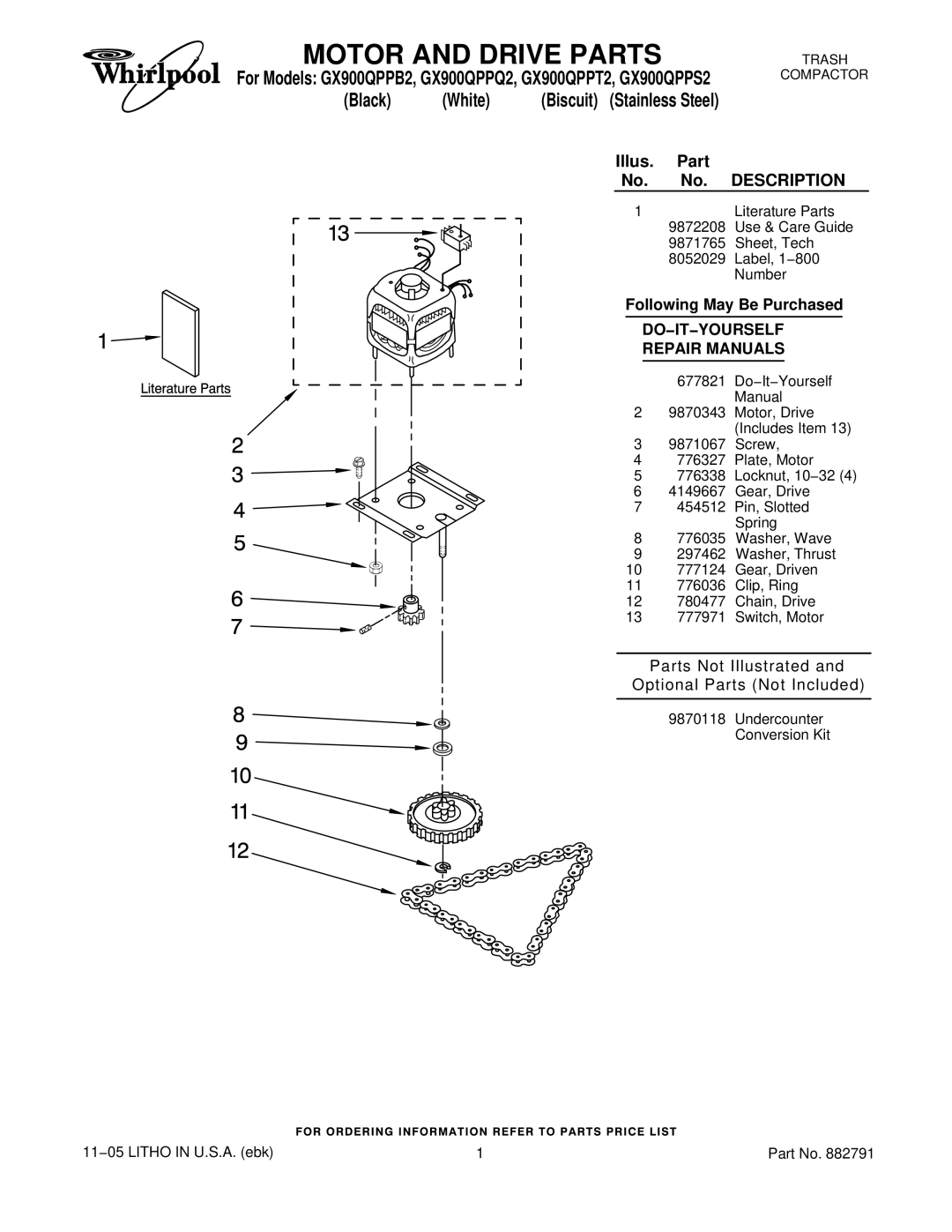 Whirlpool GX900QPPS2, GX900QPPQ2, GX900QPPT2, GX900QPPB2 manual Motor and Drive Parts 