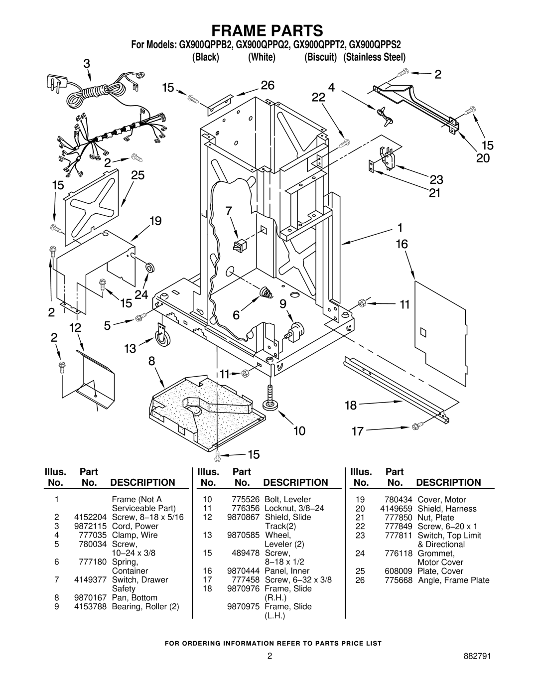 Whirlpool GX900QPPT2, GX900QPPQ2, GX900QPPS2, GX900QPPB2 manual Frame Parts, Illus. Part No. No. Description 