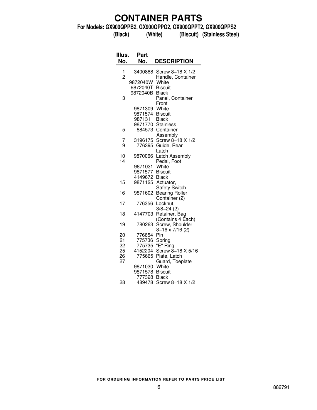 Whirlpool GX900QPPT2, GX900QPPQ2, GX900QPPS2, GX900QPPB2 manual Container Parts 