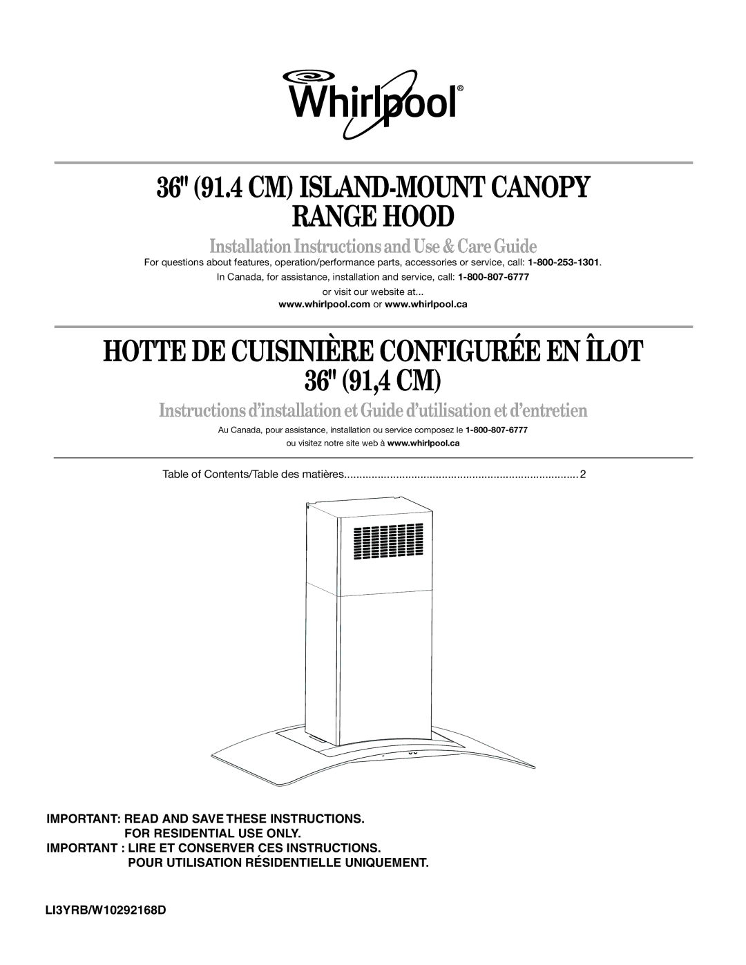 Whirlpool GXI6536DXS installation instructions 36 91.4 CM ISLAND-MOUNT Canopy Range Hood 