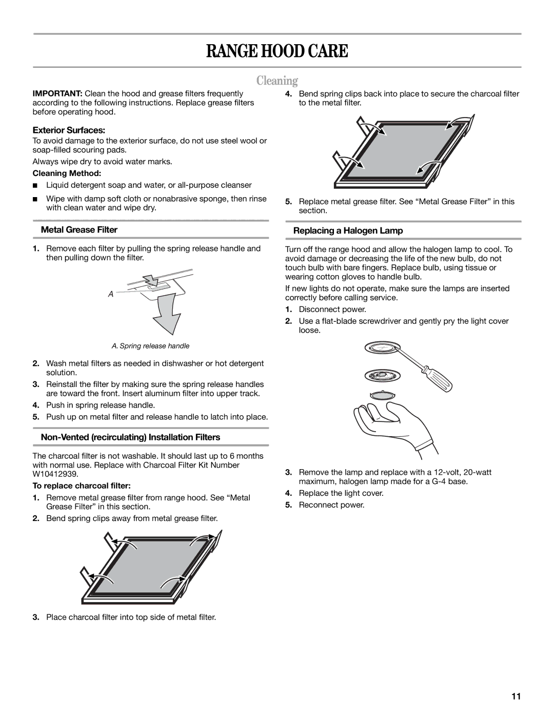 Whirlpool GXI6536DXS Range Hood Care, Cleaning, Exterior Surfaces, Metal Grease Filter Replacing a Halogen Lamp 