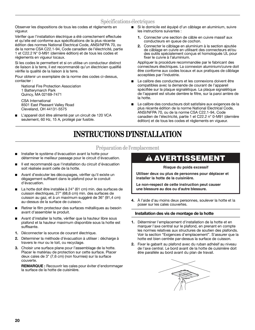 Whirlpool GXI6536DXS Instructions D’INSTALLATION, Spécificationsélectriques, Préparationdelemplacement 