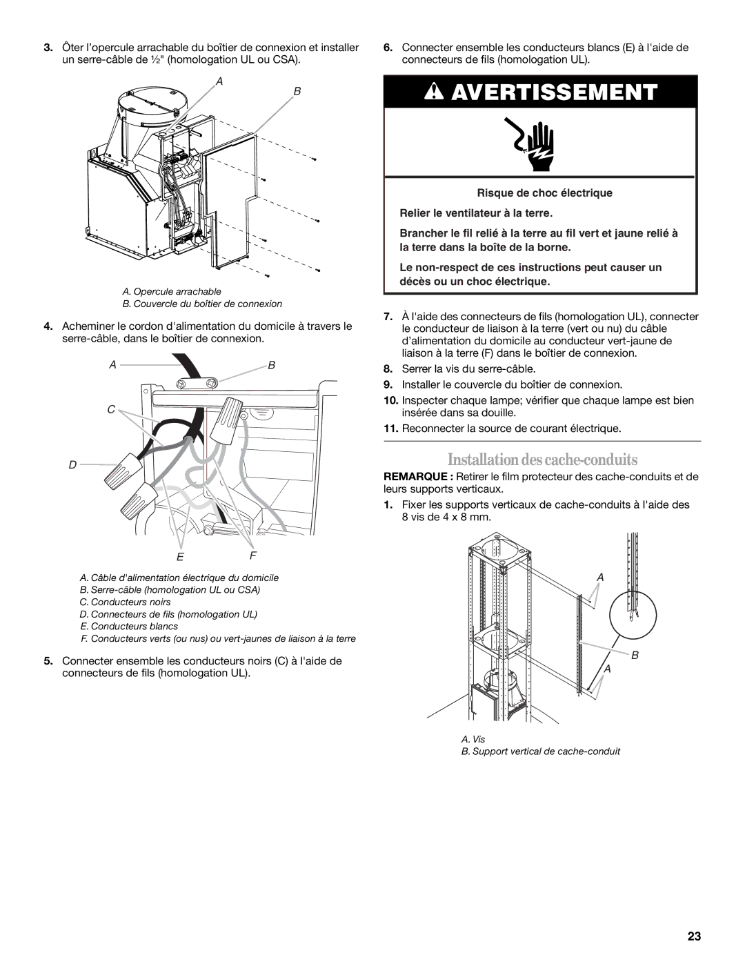 Whirlpool GXI6536DXS installation instructions Installationdes cache-conduits 