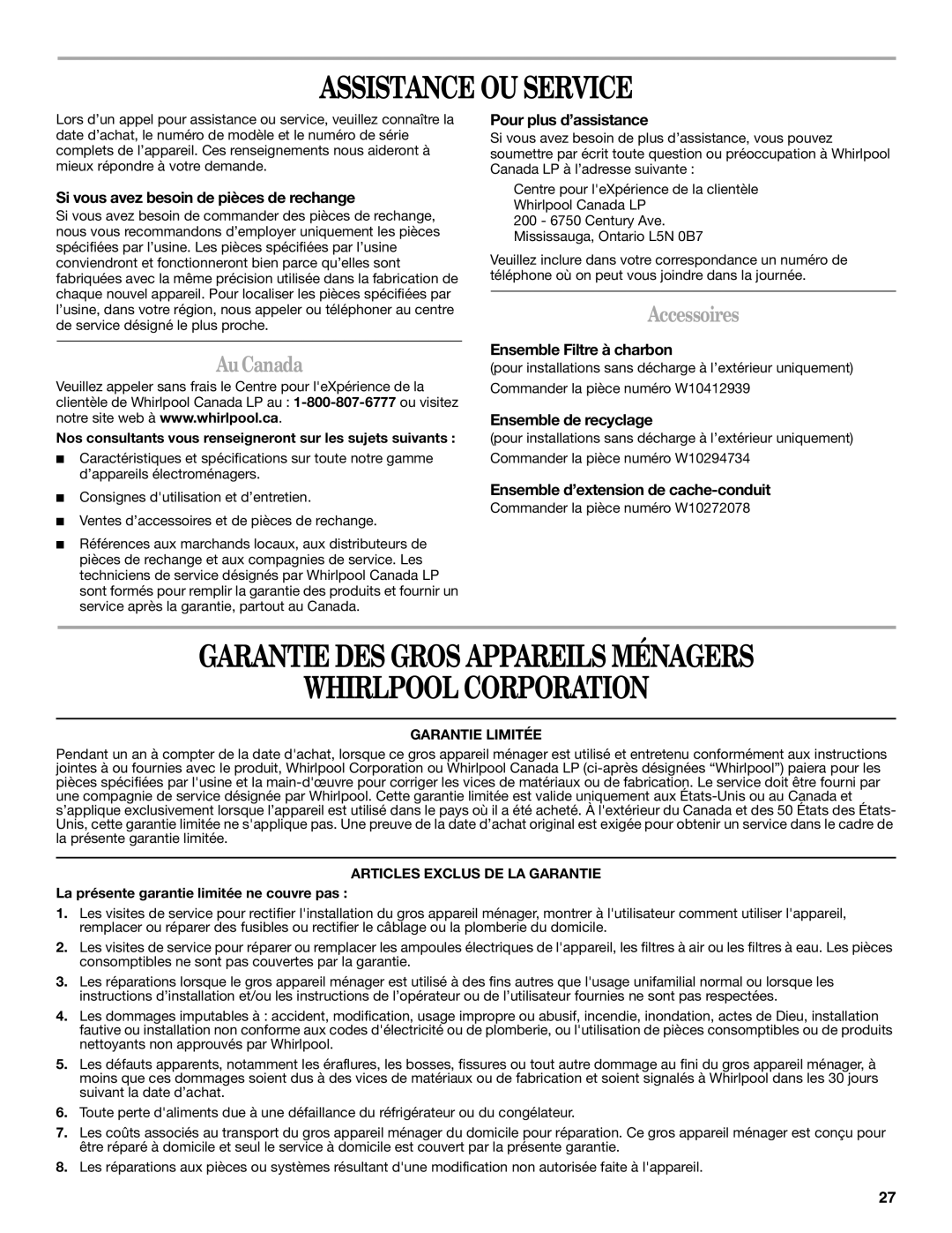 Whirlpool GXI6536DXS Assistance OU Service, Garantie DES Gros Appareils Ménagers Whirlpool Corporation, AuCanada 