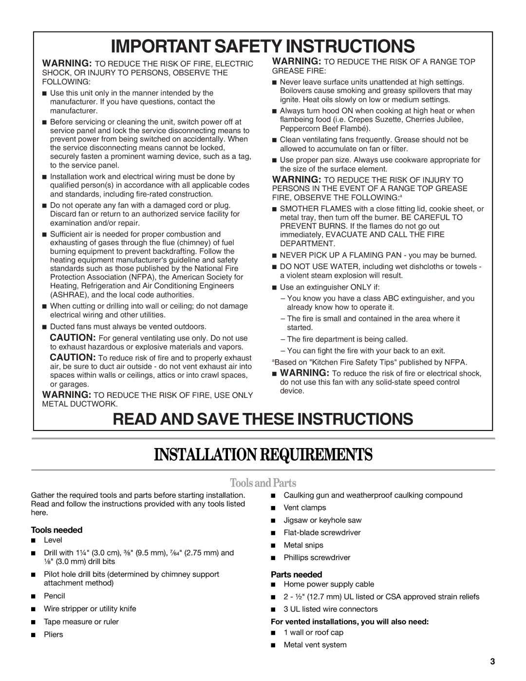 Whirlpool GXI6536DXS installation instructions Installation Requirements, Tools andParts, Tools needed, Parts needed 