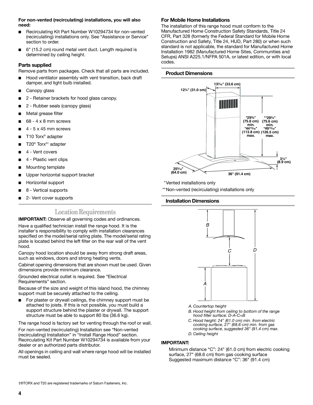 Whirlpool GXI6536DXS LocationRequirements, Parts supplied, For Mobile Home Installations, Product Dimensions 