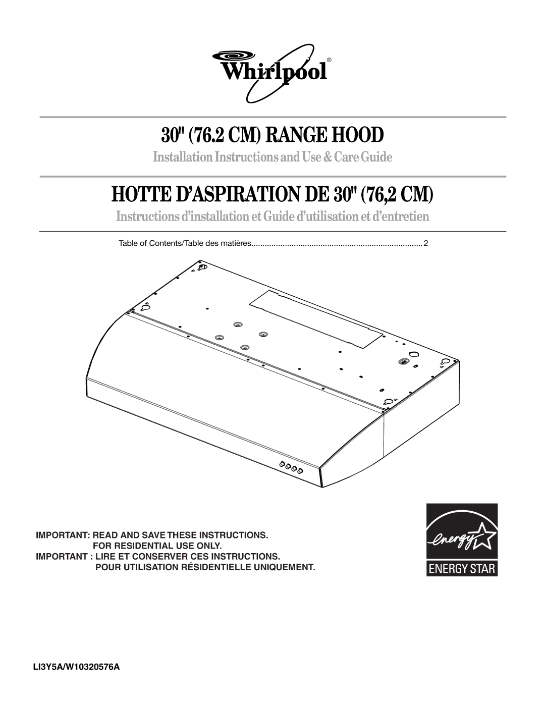 Whirlpool GXU7130DXS installation instructions Hotte D’ASPIRATION DE 30 76,2 CM 