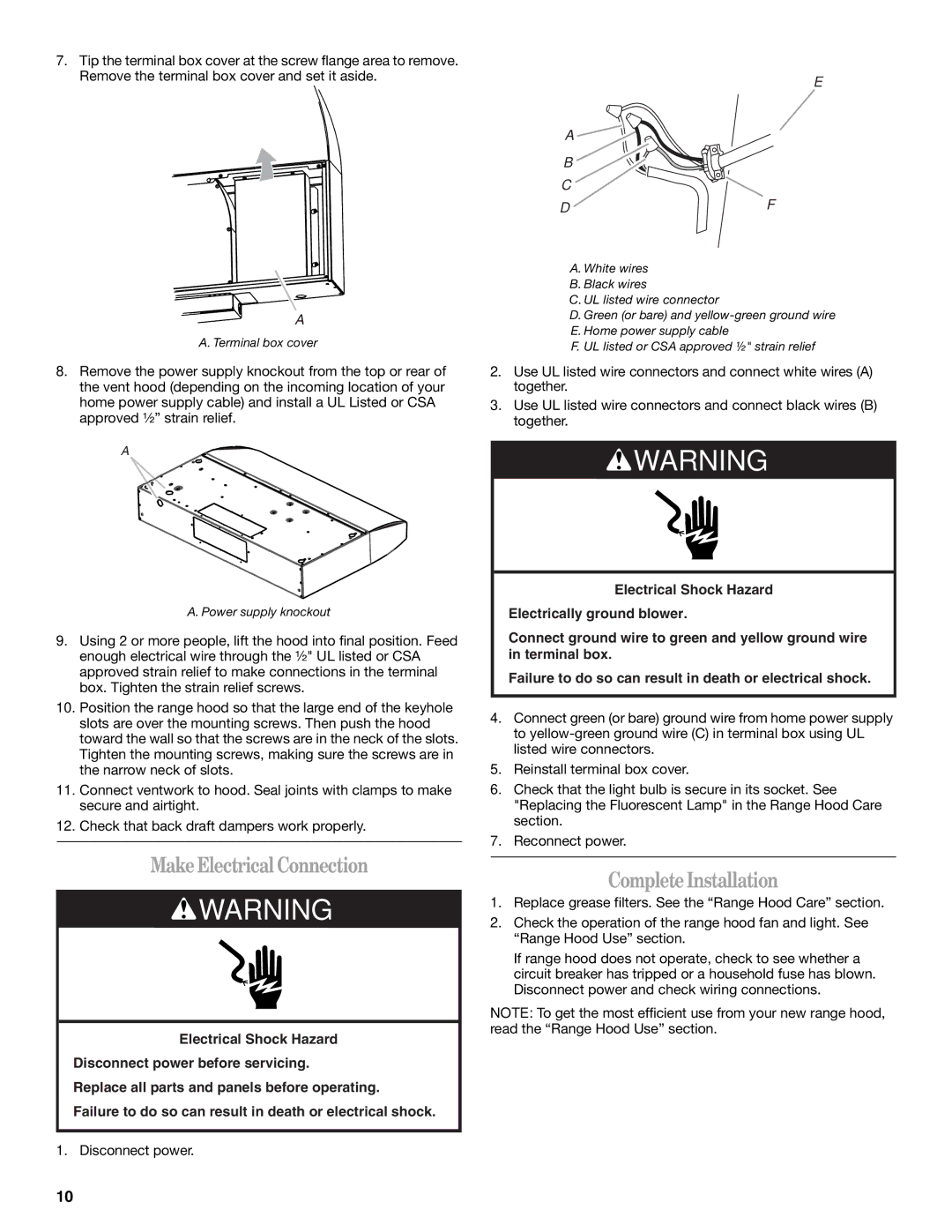 Whirlpool GXU7130DXS installation instructions MakeElectrical Connection, CompleteInstallation 