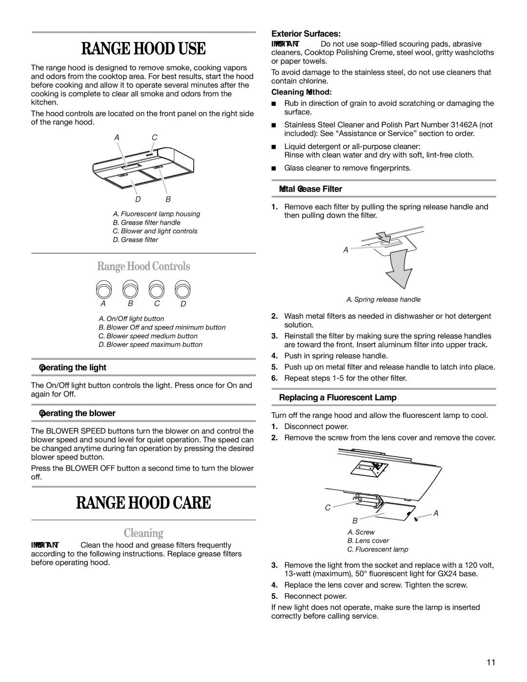 Whirlpool GXU7130DXS installation instructions Range Hood USE, Range Hood Care, RangeHood Controls, Cleaning 