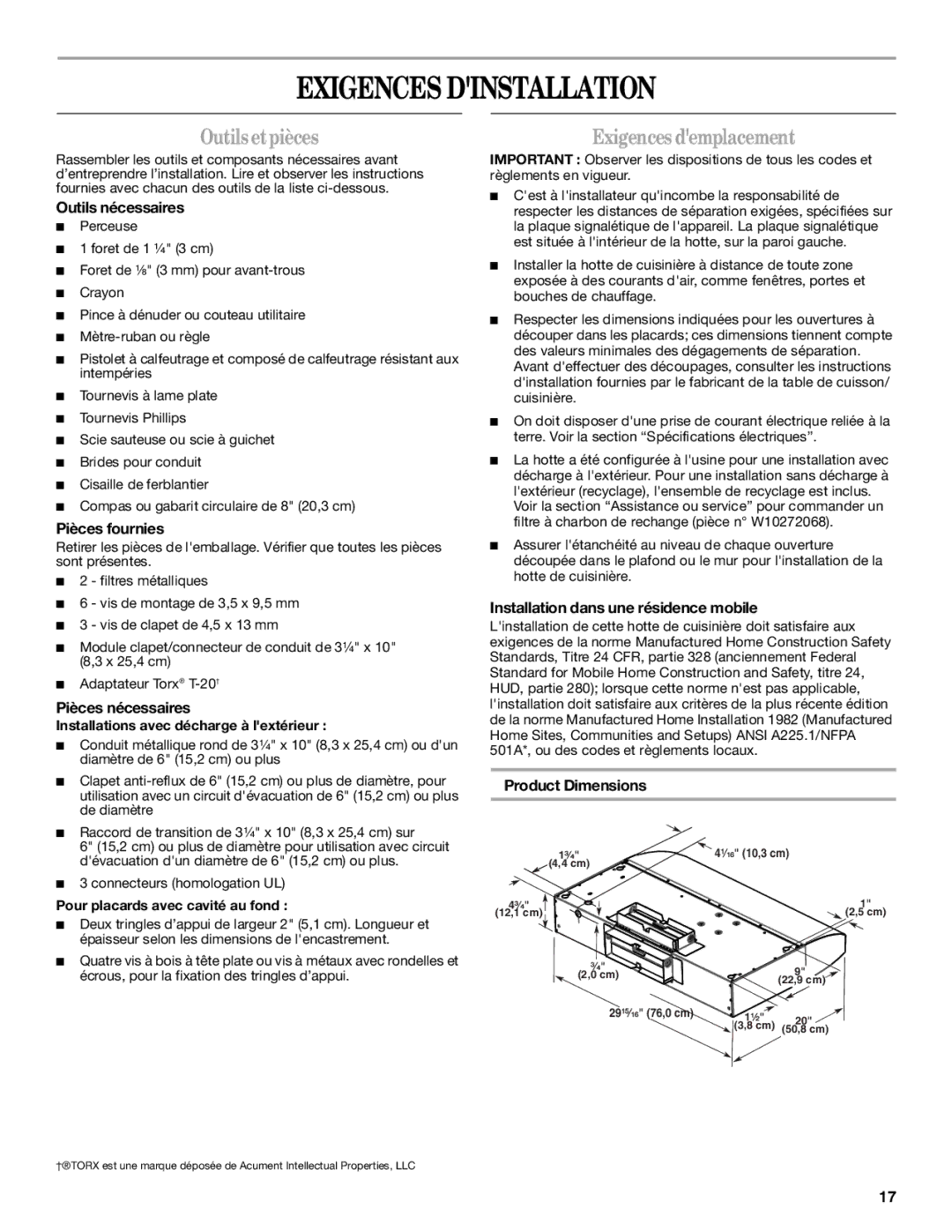 Whirlpool GXU7130DXS installation instructions Exigences Dinstallation, Outils etpièces, Exigences demplacement 