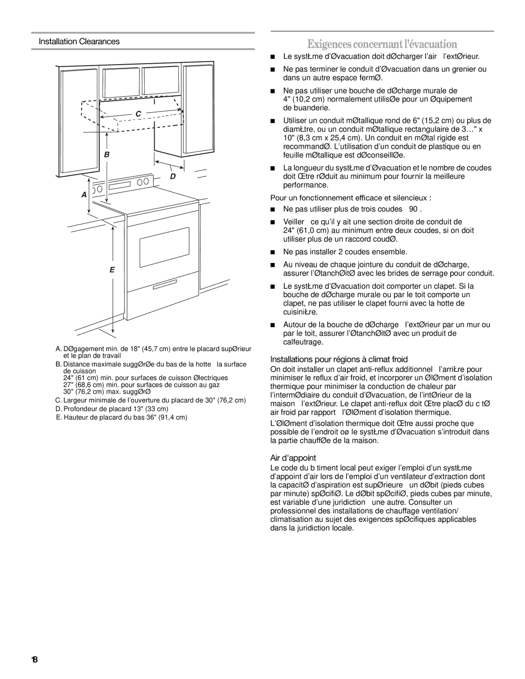 Whirlpool GXU7130DXS Exigencesconcernantlévacuation, Installation Clearances, Installations pour régions à climat froid 