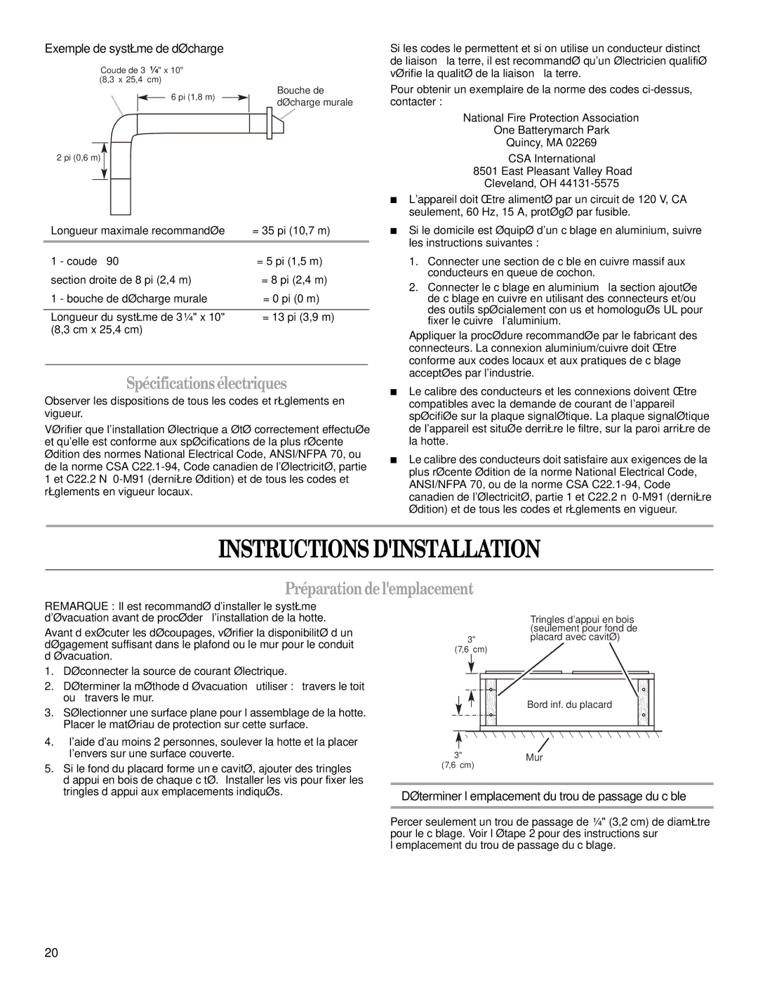 Whirlpool GXU7130DXS Instructions Dinstallation, Spécificationsélectriques, Préparationdelemplacement 