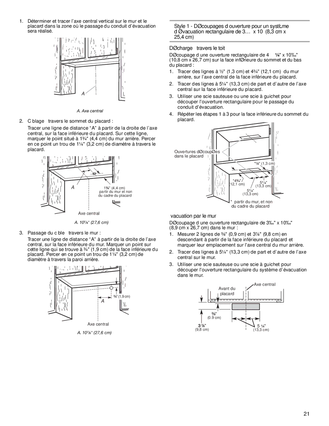 Whirlpool GXU7130DXS Évacuation par le mur, Câblage à travers le sommet du placard, Passage du câble à travers le mur 