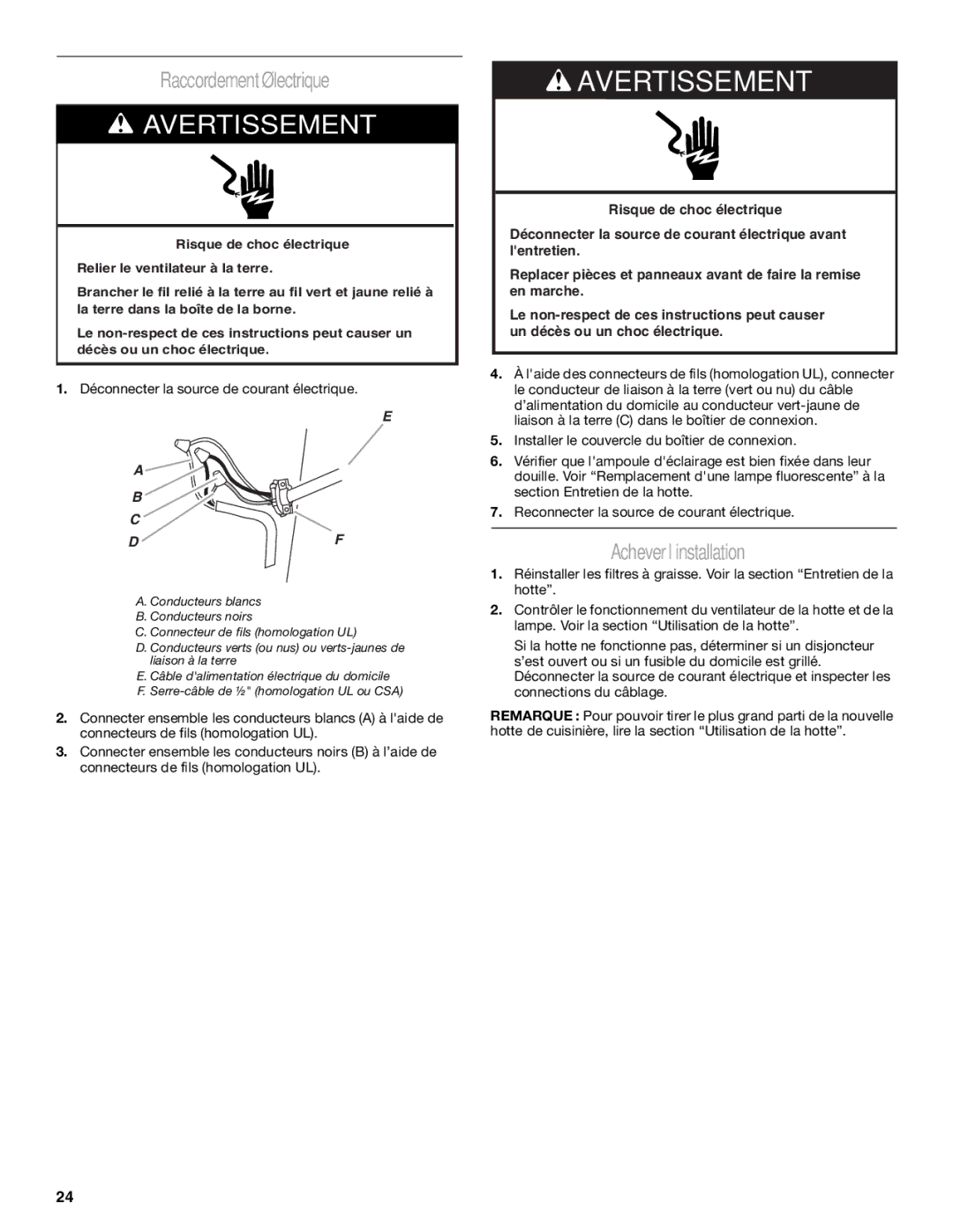 Whirlpool GXU7130DXS installation instructions Raccordementélectrique, Acheverl’installation 