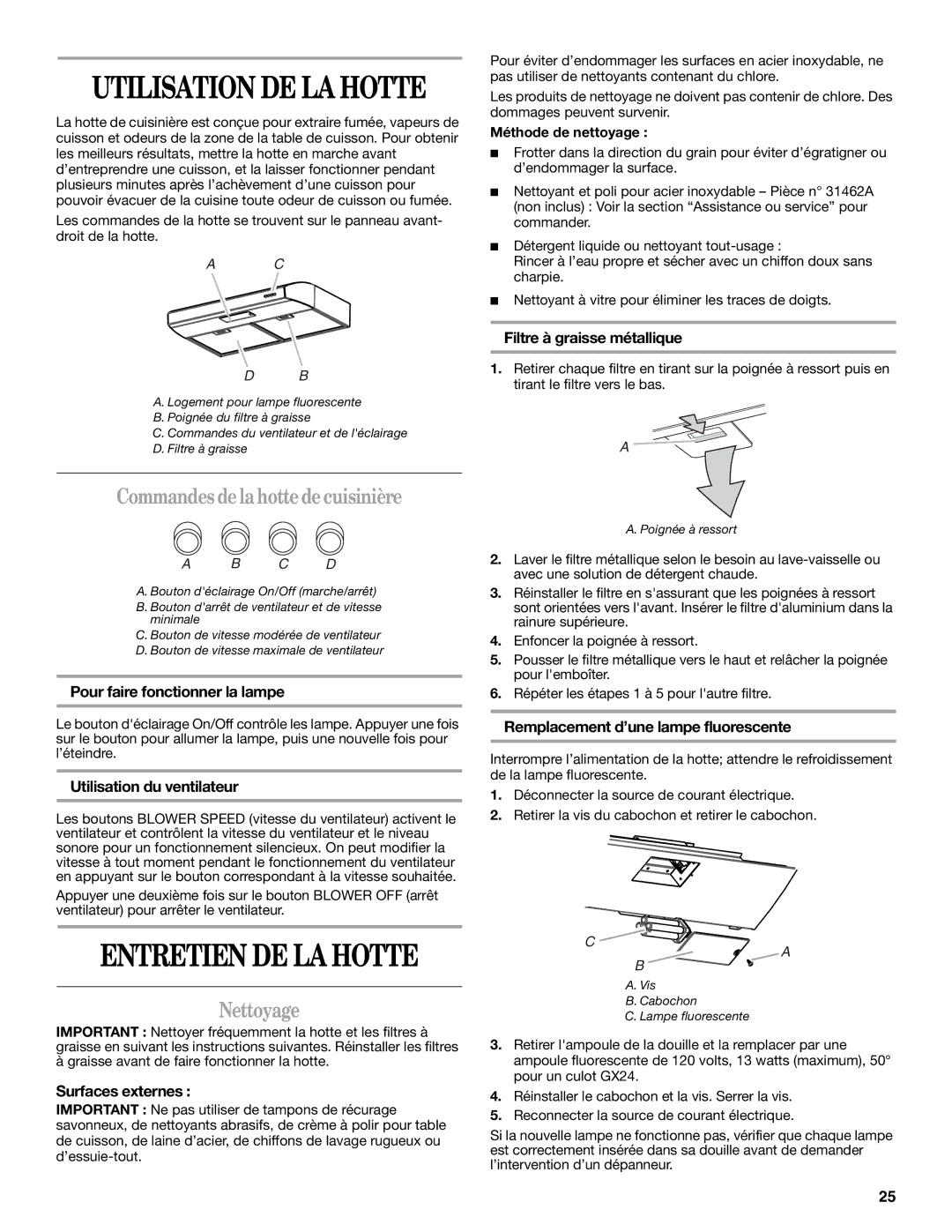 Whirlpool GXU7130DXS installation instructions Commandesdelahottedecuisinière, Nettoyage 