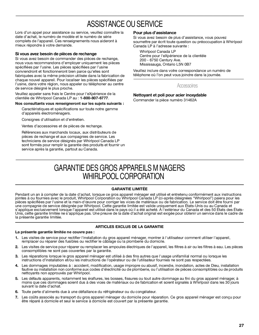 Whirlpool GXU7130DXS Assistance OU Service, Garantie DES Gros Appareils Ménagers Whirlpool Corporation, Accessoires 