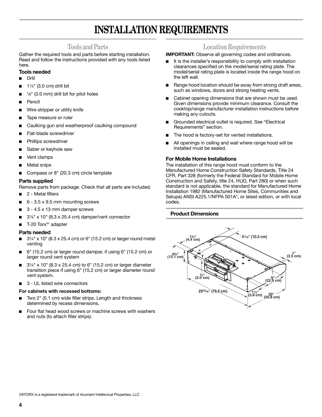 Whirlpool GXU7130DXS installation instructions Installation Requirements, ToolsandParts, LocationRequirements 