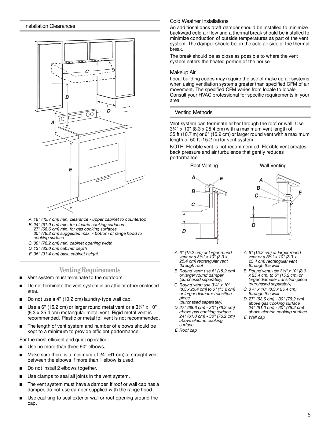 Whirlpool GXU7130DXS VentingRequirements, Installation Clearances Cold Weather Installations, Makeup Air, Venting Methods 