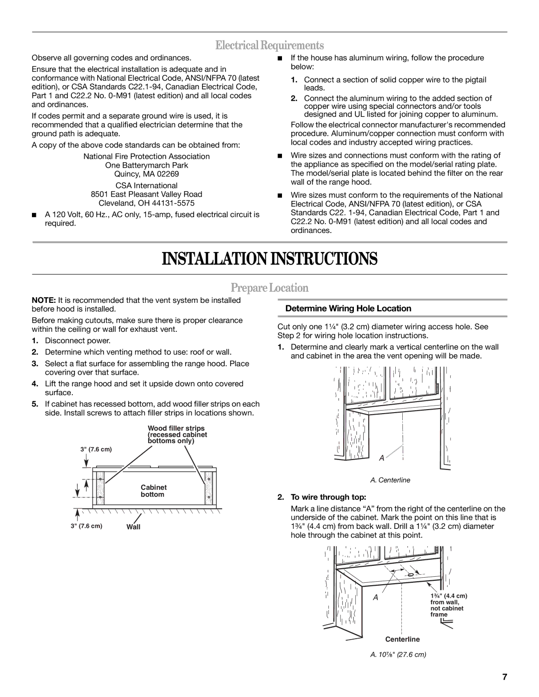 Whirlpool GXU7130DXS Installation Instructions, ElectricalRequirements, PrepareLocation, Determine Wiring Hole Location 